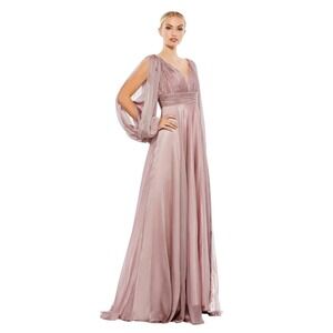 Mac Duggal 67414 Mocha Chiffon Gown Cutaway Sleeve Beaded Cuff Size 8 $598